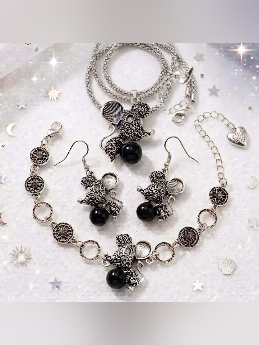 Silver plated black stone crystal mouse necklace earring bracelet set